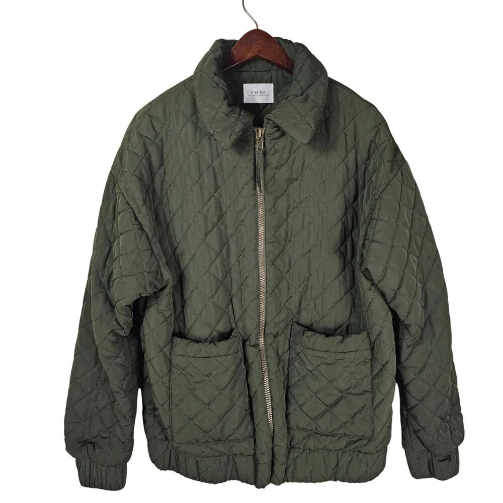 Anthropologie If By Sea Quilted‎ Bomber Jacket XS Olive Full Zip Outdoor Preppy